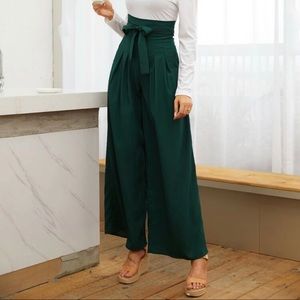 Dark Green Belted Wide Leg Pants- High Waisted
